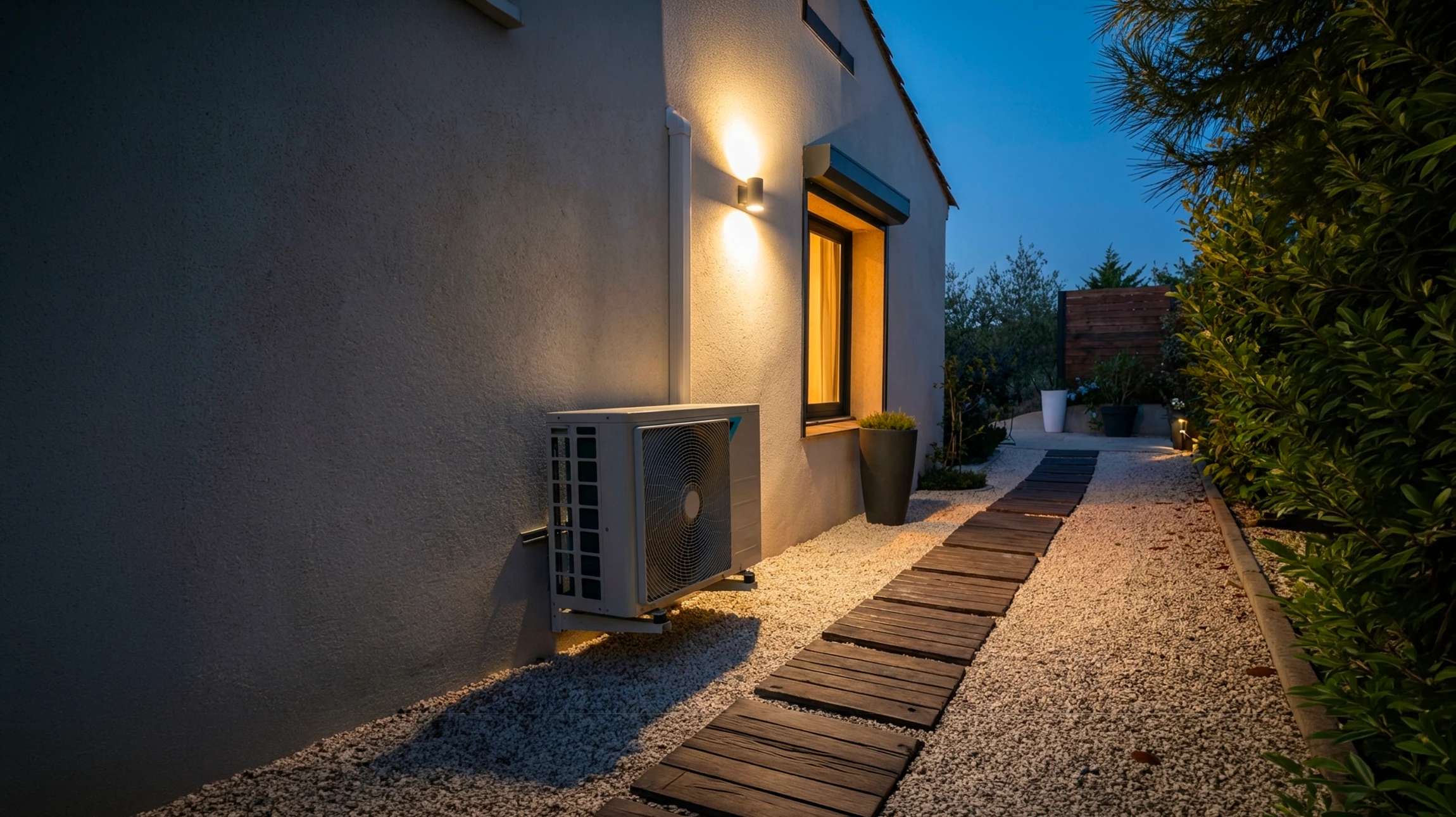 Extérieur d'un bâtiment résidentiel avec unité de climatisation murale installée