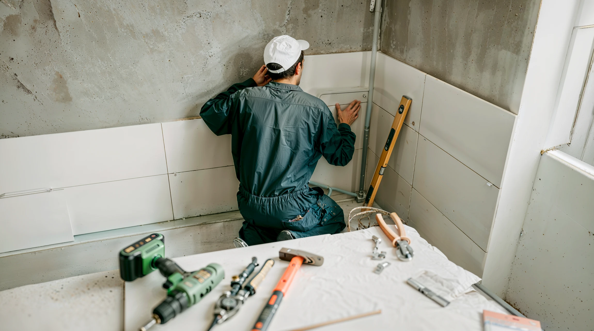 Plombier intervenant dans cuisine moderne, agenouillé devant évier avec caisson ouvert